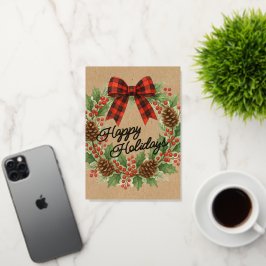 Rustieke Holly Krans Rood Zwart Geruite Boog Goud Folie Feestdagenkaart