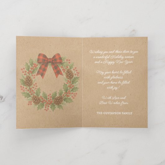 Rustieke Holly Krans Rood Zwart Geruite Boog Goud Folie Feestdagenkaart (Binnenlaag)