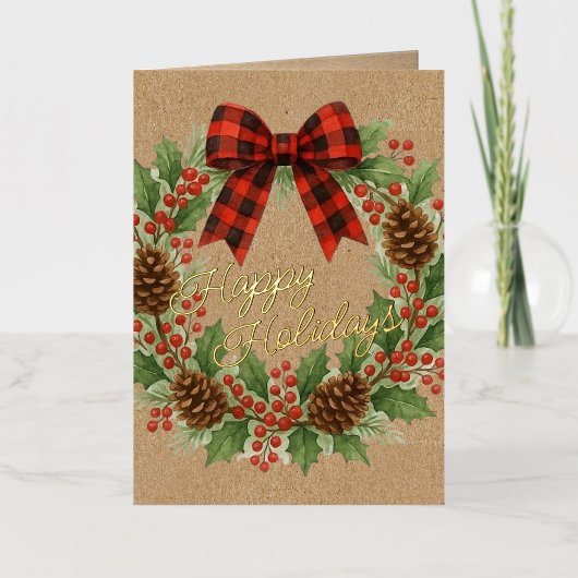 Rustieke Holly Krans Rood Zwart Geruite Boog Goud Folie Feestdagenkaart (Voorkant)