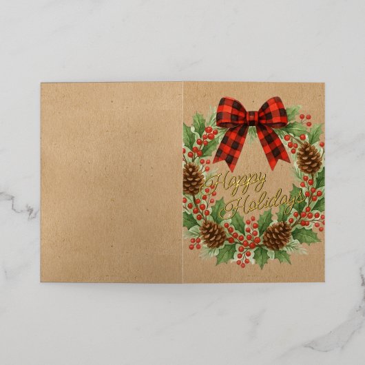 Rustieke Holly Krans Rood Zwart Geruite Boog Goud Folie Feestdagenkaart (Buiten Laag)