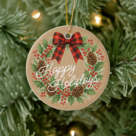 Rustieke Holly Krans Rood Zwart Geruite Boog Keramisch Ornament