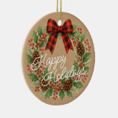 Rustieke Holly Krans Rood Zwart Geruite Boog Keramisch Ornament (Rechts)