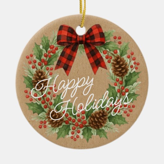 Rustieke Holly Krans Rood Zwart Geruite Boog Keramisch Ornament (Voorkant)