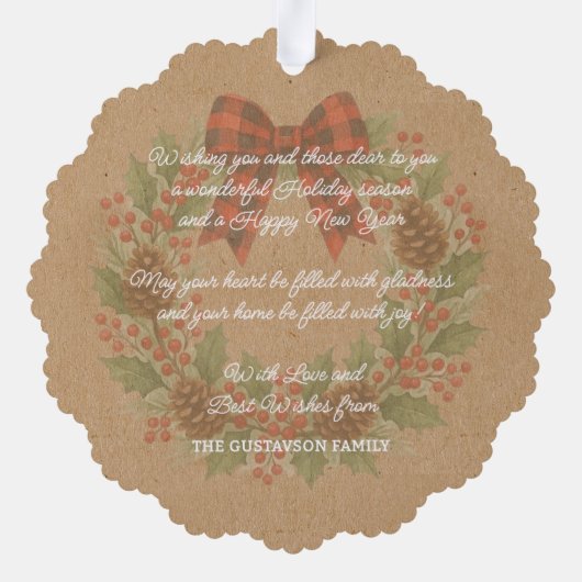 Rustieke Holly Krans Rood Zwart Geruite Boog Ornament Kaart (Achterkant)