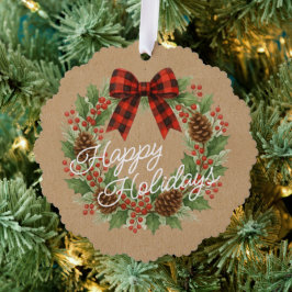 Rustieke Holly Krans Rood Zwart Geruite Boog Ornament Kaart