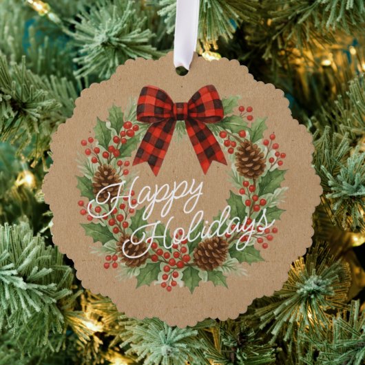 Rustieke Holly Krans Rood Zwart Geruite Boog Ornament Kaart (Insitu (Drie))