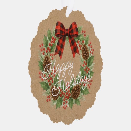 Rustieke Holly Krans Rood Zwart Geruite Boog Ornament Kaart (Rechts)