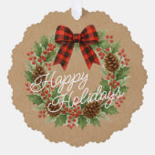 Rustieke Holly Krans Rood Zwart Geruite Boog Ornament Kaart (Voorkant)