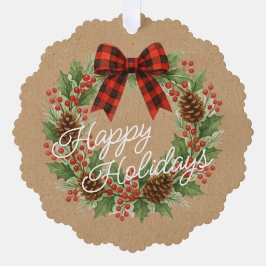 Rustieke Holly Krans Rood Zwart Geruite Boog Ornament Kaart (Voorkant)