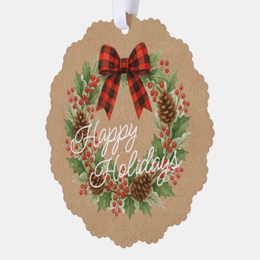 Rustieke Holly Krans Rood Zwart Geruite Boog Ornament Kaart (Links)