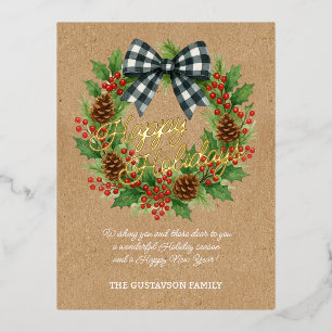 Rustieke Holly Krans Wit Zwart Geruite Boog Goud Folie Feestdagen Briefkaart
