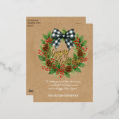 Rustieke Holly Krans Wit Zwart Geruite Boog Goud Folie Feestdagen Briefkaart (Voorkant / Achterkant)