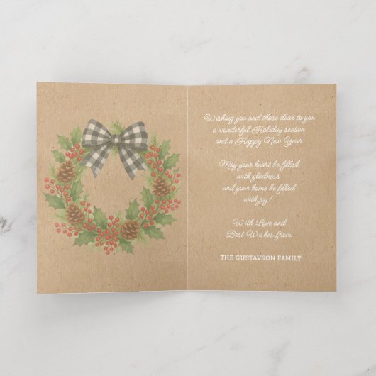 Rustieke Holly Krans Wit Zwart Geruite Boog Goud Folie Feestdagenkaart (Binnenlaag)