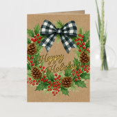 Rustieke Holly Krans Wit Zwart Geruite Boog Goud Folie Feestdagenkaart (Voorkant)