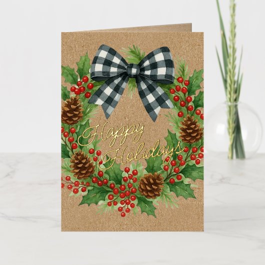 Rustieke Holly Krans Wit Zwart Geruite Boog Goud Folie Feestdagenkaart (Voorkant)