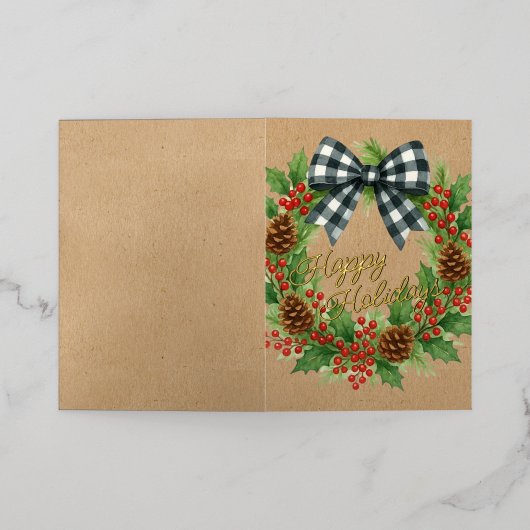 Rustieke Holly Krans Wit Zwart Geruite Boog Goud Folie Feestdagenkaart (Buiten Laag)