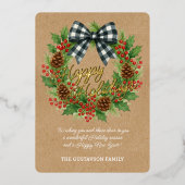 Rustieke Holly Krans Wit Zwart Geruite Boog Goud Folie Feestdagenkaart (Voorkant)