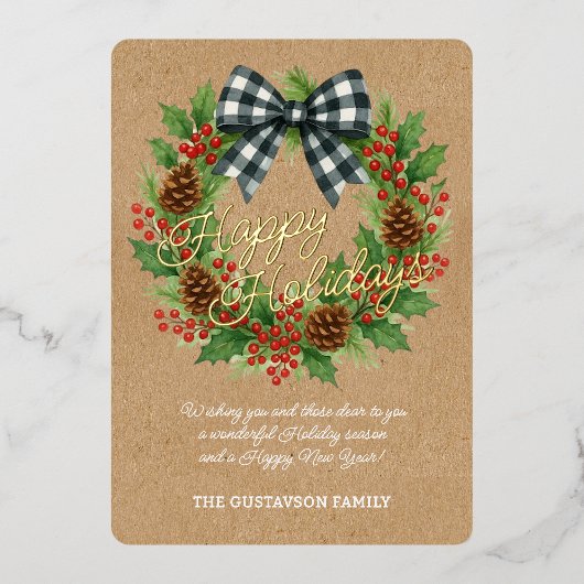Rustieke Holly Krans Wit Zwart Geruite Boog Goud Folie Feestdagenkaart (Voorkant)
