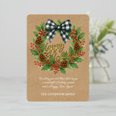 Rustieke Holly Krans Wit Zwart Geruite Boog Goud Folie Feestdagenkaart (Staand Voorkant)