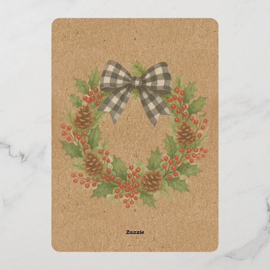 Rustieke Holly Krans Wit Zwart Geruite Boog Goud Folie Feestdagenkaart (Achterkant)