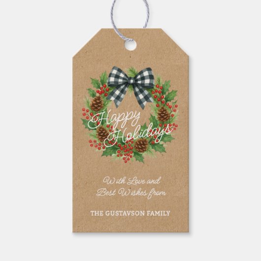 Rustieke Holly Krans Witte Zwarte Geruite Boog Cadeaulabel (Voorkant)