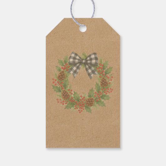 Rustieke Holly Krans Witte Zwarte Geruite Boog Cadeaulabel (Achterkant)