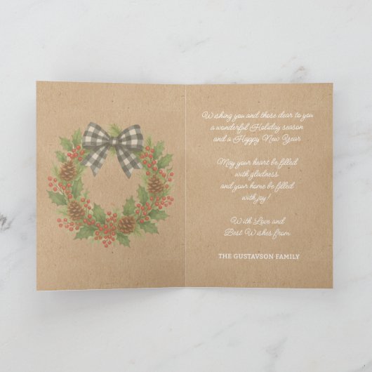 Rustieke Holly Krans Witte Zwarte Geruite Boog Feestdagen Kaart (Binnen)