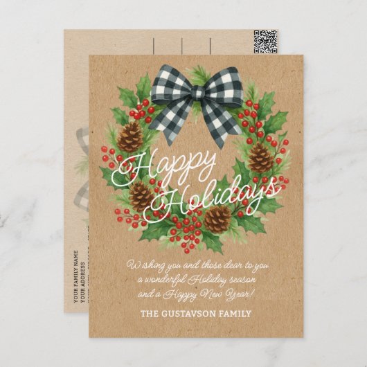 Rustieke Holly Krans Witte Zwarte Geruite Boog Feestdagenkaart (Voorkant / Achterkant)