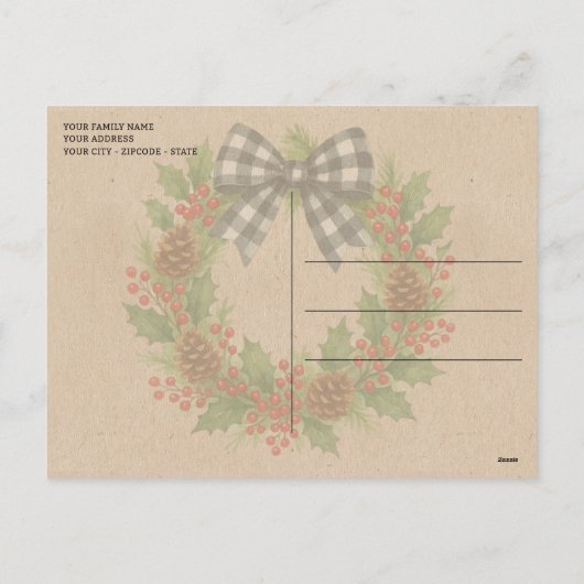 Rustieke Holly Krans Witte Zwarte Geruite Boog Feestdagenkaart (Achterkant)