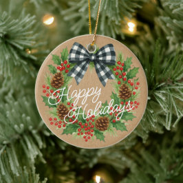 Rustieke Holly Krans Witte Zwarte Geruite Boog Keramisch Ornament