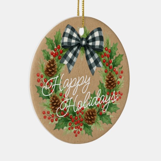 Rustieke Holly Krans Witte Zwarte Geruite Boog Keramisch Ornament (Rechts)