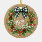 Rustieke Holly Krans Witte Zwarte Geruite Boog Keramisch Ornament (Voorkant)