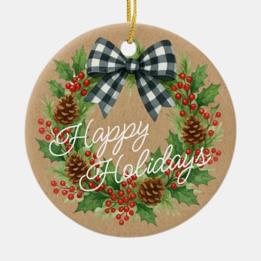 Rustieke Holly Krans Witte Zwarte Geruite Boog Keramisch Ornament (Voorkant)