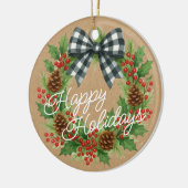 Rustieke Holly Krans Witte Zwarte Geruite Boog Keramisch Ornament (Links)