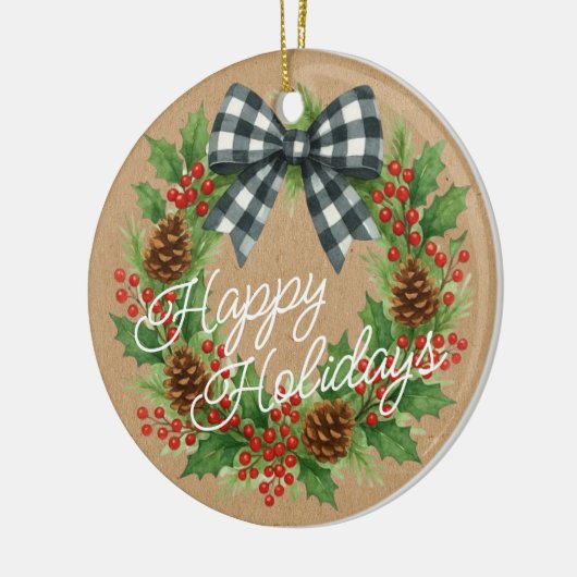 Rustieke Holly Krans Witte Zwarte Geruite Boog Keramisch Ornament (Links)