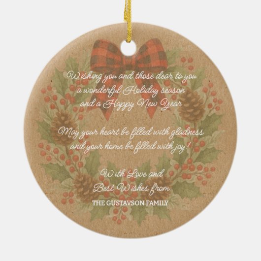 Rustieke Holly Krans Witte Zwarte Geruite Boog Keramisch Ornament (Achterkant)