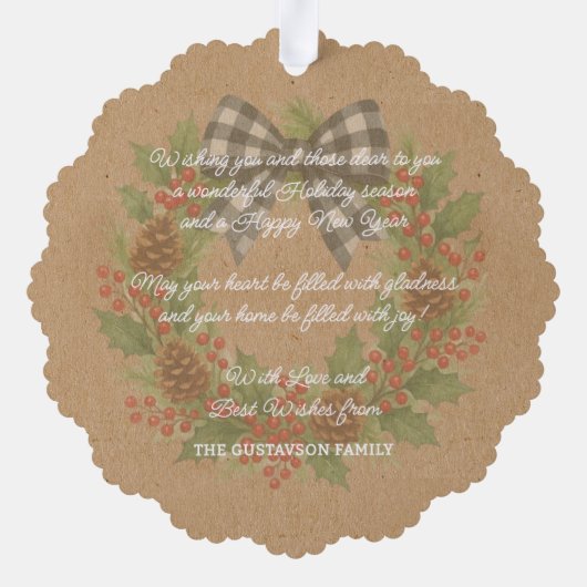 Rustieke Holly Krans Witte Zwarte Geruite Boog Ornament Kaart (Achterkant)