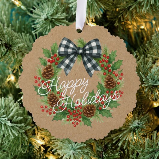 Rustieke Holly Krans Witte Zwarte Geruite Boog Ornament Kaart (Insitu (Drie))