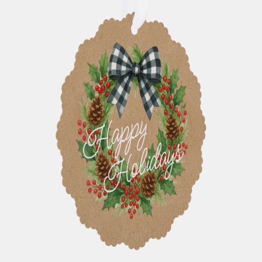 Rustieke Holly Krans Witte Zwarte Geruite Boog Ornament Kaart (Rechts)