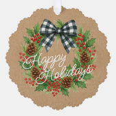 Rustieke Holly Krans Witte Zwarte Geruite Boog Ornament Kaart (Voorkant)