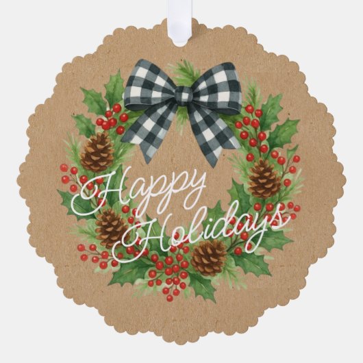 Rustieke Holly Krans Witte Zwarte Geruite Boog Ornament Kaart (Voorkant)