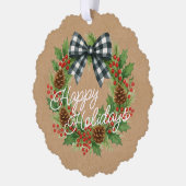 Rustieke Holly Krans Witte Zwarte Geruite Boog Ornament Kaart (Links)