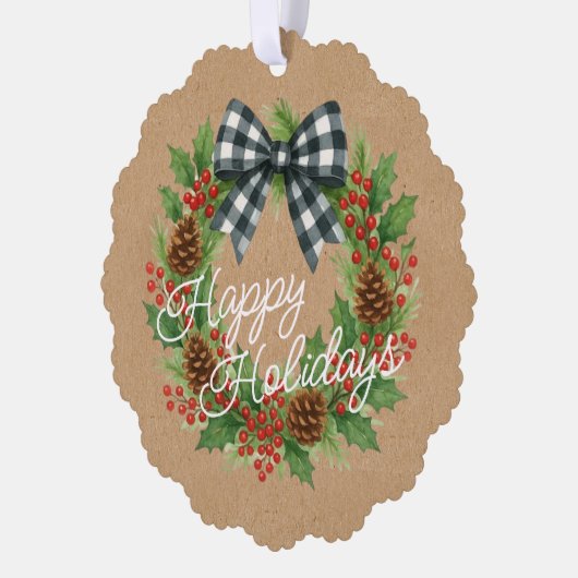 Rustieke Holly Krans Witte Zwarte Geruite Boog Ornament Kaart (Links)