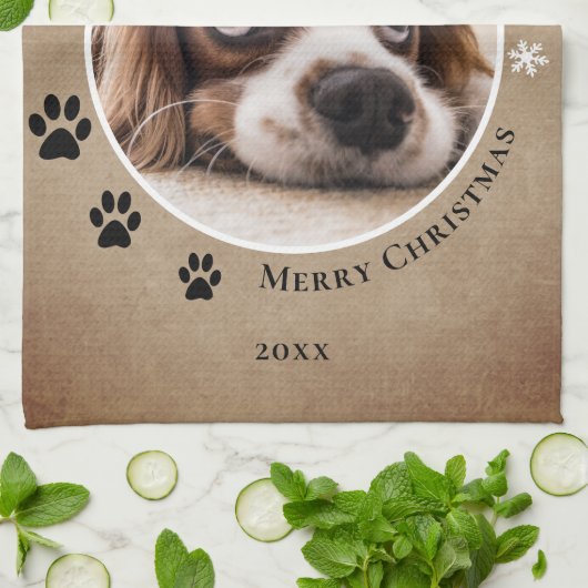 Rustieke hond huisdier foto Vrolijk Kerstfeest Theedoek (Gevouwen)