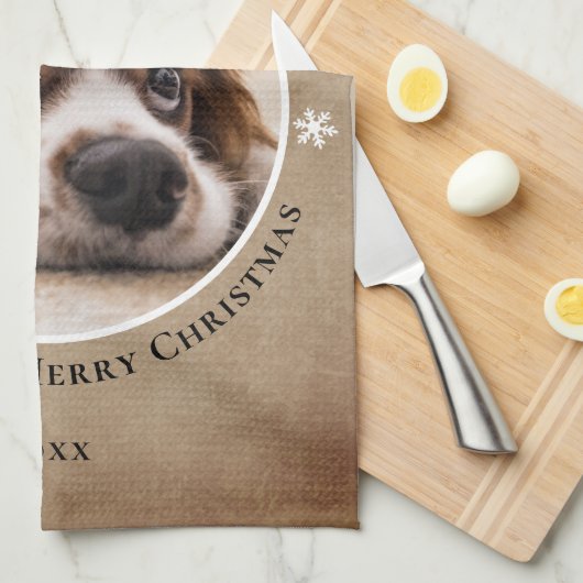 Rustieke hond huisdier foto Vrolijk Kerstfeest Theedoek (Quarter Fold)