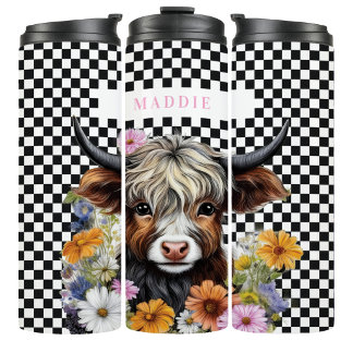 Rustieke Hoogland Koe Bloemige Geruite Tumbler Mok