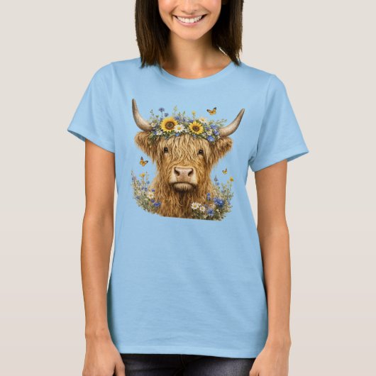 Rustieke Hoogland Koe Bloemstuk T-shirt (Voorkant)