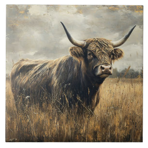 Rustieke Hoogland Koe Landschapskunst Tegeltje