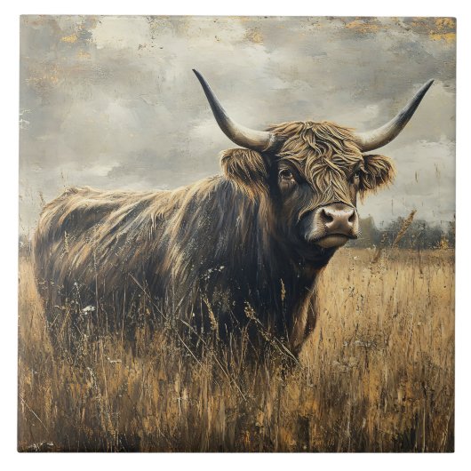 Rustieke Hoogland Koe Landschapskunst Tegeltje (Voorkant)
