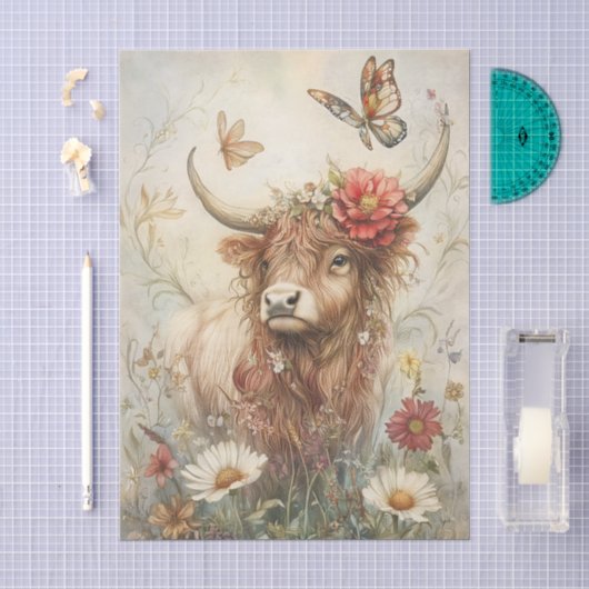 Rustieke Hooglandkoe Met Vlinder Decoupage Tissuepapier (Craft)